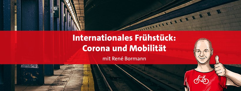 Zeichnung von Mathias Stein mit der Schrift: "Internationales Frühstück: Corona und Mobilität mit René Bormann". Im Hintergrund eine U-Bahn-Haltestelle