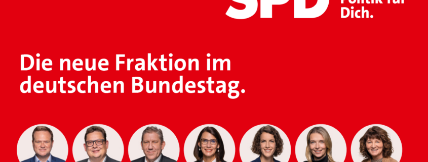 Bilder von SPD-Bundestagsabgeordneten auf rotem Grund darüber Schrift: "Die neue Fraktion im deutschen Bundestag"
